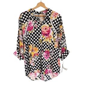 Cirana Womens Black White Polka Dot Pink Floral Lace Inset Blouse size XL